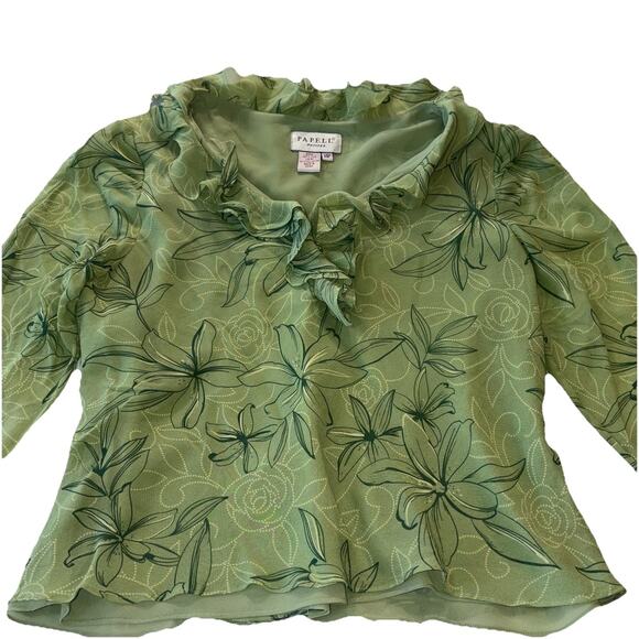 Papell Tops - Papell Petites Silk Sage Green Flower Ruffle Blouse Boho Romantic Fairy Sheer